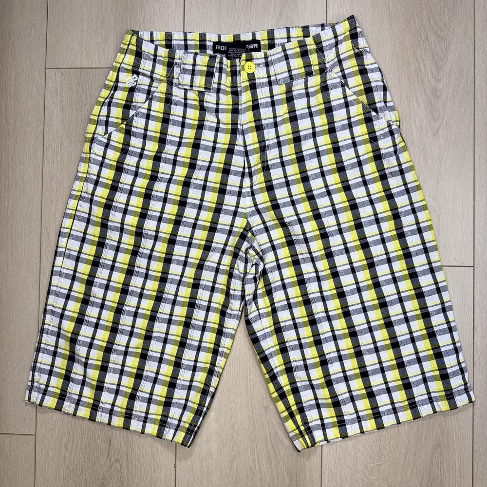 VTG Rocawear Men's 32 Yellow Black Plaid Carpenter Shorts Y2K Streetwear Hip Hop